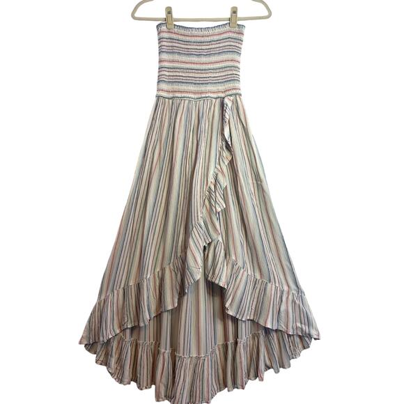 Blue Island Maxi Dress Boho Striped Ruffle, Tube Top, Flowy Skirt, Size Small - Picture 1 of 8